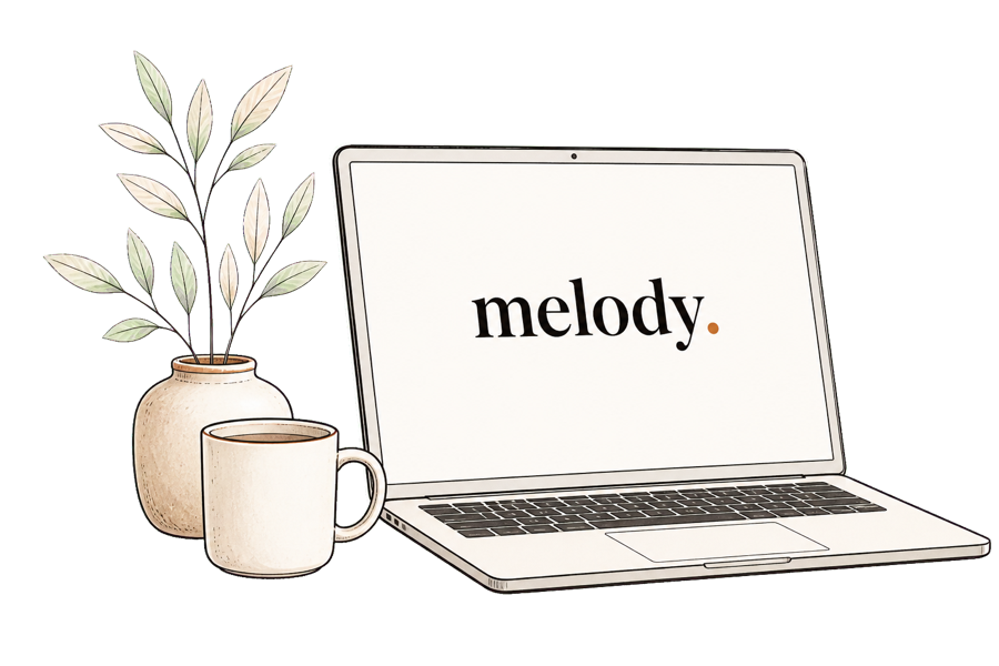 Illustration of a laptop displaying the Melody logo beside a plant and mug